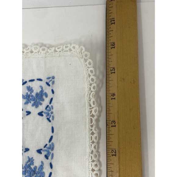 Set Of 3 Hand Embroidered Doilies White With Blue Floral & Eyelet Trim 10x16” - Picture 5 of 7